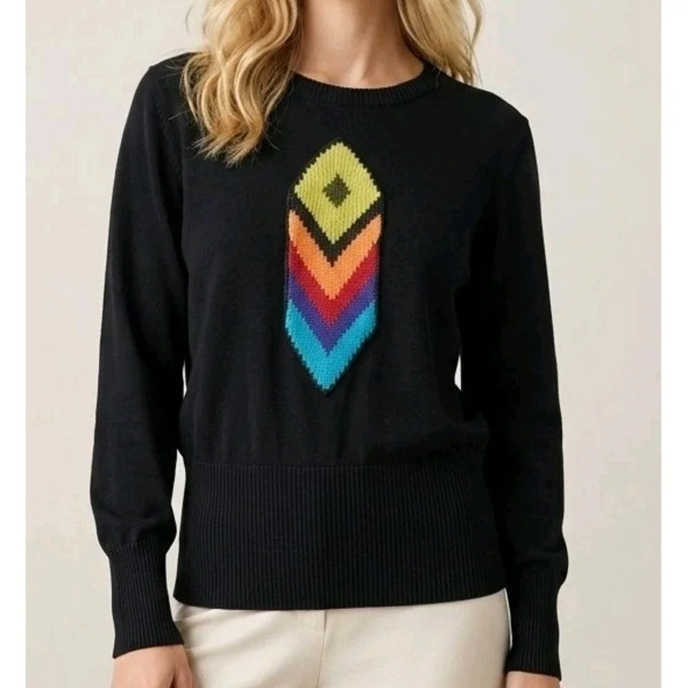 Silk & Cotton Lightweight Sweater LG Knit Chevron Crocheted Rainbow Pride Black